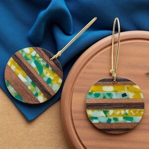 Handcrafted Wood & Resin Trendy Round Earrings With Golden Color Alloy Hooks